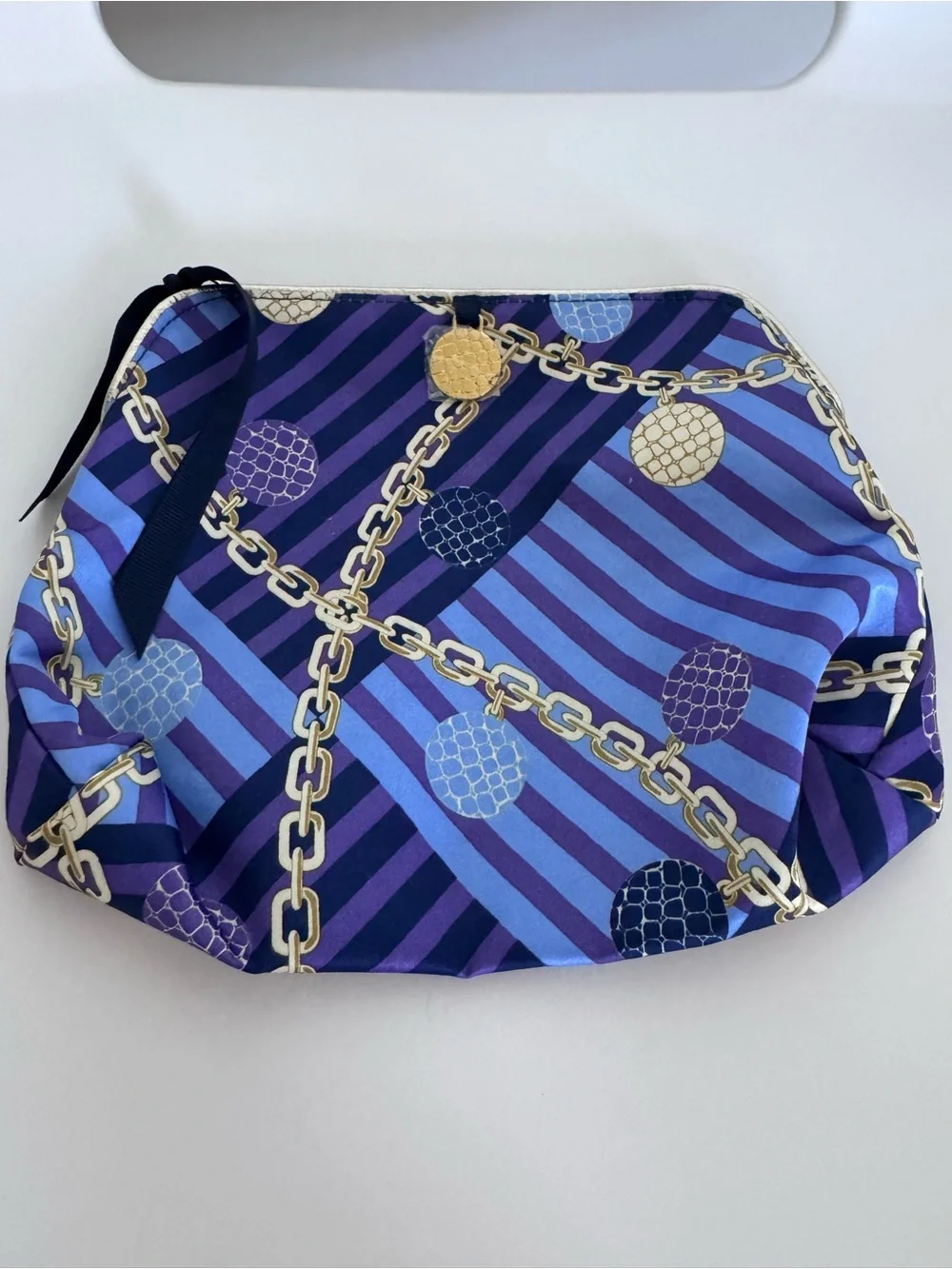 Vintage Satin Cosmetic Bag Purple Blue Chain Print Makeup Travel Toiletry Clutch
